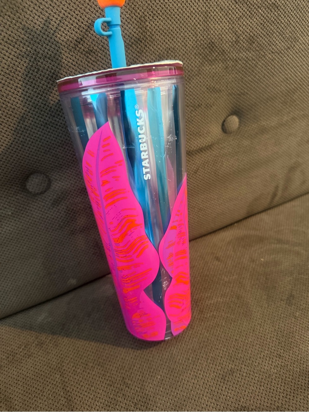 Starbucks Hot Pink Leaf Tumbler with Blue Straw